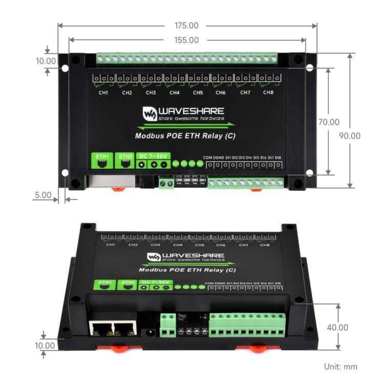 Waveshare Industrial Dual Ethernet Ports 8-ch Relay Module(C), PoE Power Supply, 30544