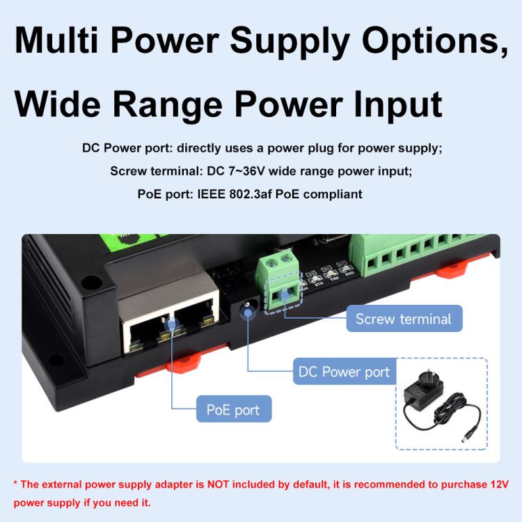 Waveshare Industrial Dual Ethernet Ports 8-ch Relay Module(C), PoE Power Supply, 30544