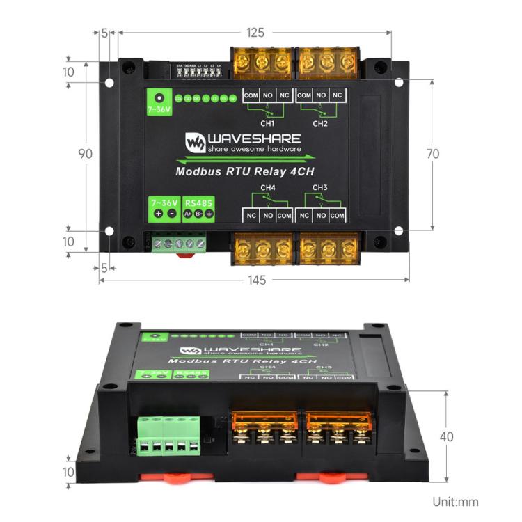 Waveshare Guide-Type 4-Way RS485 High-Current Relay Module, Modbus RTU Protocol, 30461
