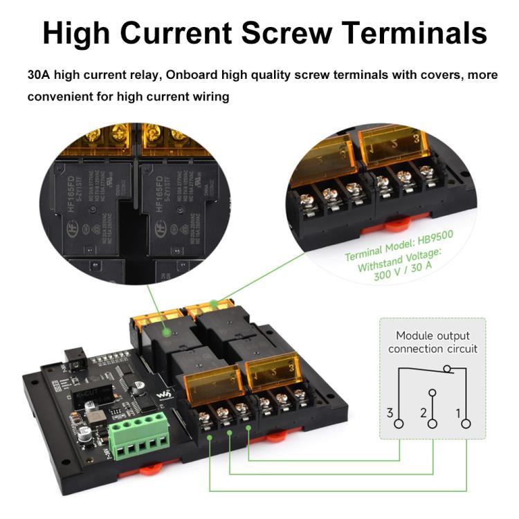 Waveshare Guide-Type 4-Way RS485 High-Current Relay Module, Modbus RTU Protocol, 30461