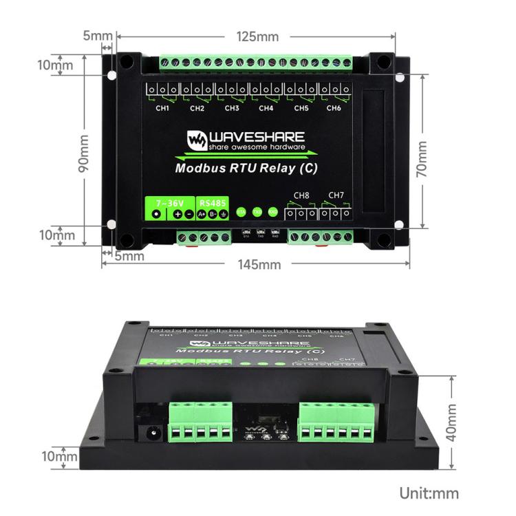Waveshare Modbus RTU Protocol 8-Ch Latching Relay Module (C) With RS485 Interface, 30460