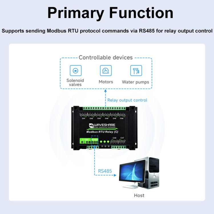Waveshare Modbus RTU Protocol 8-Ch Latching Relay Module (C) With RS485 Interface, 30460