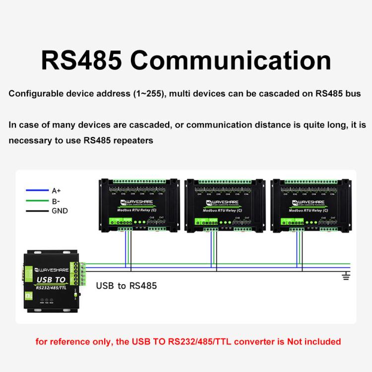 Waveshare Modbus RTU Protocol 8-Ch Latching Relay Module (C) With RS485 Interface, 30460