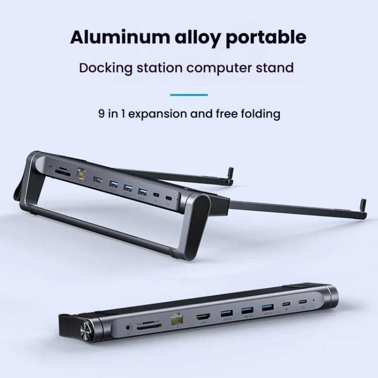 9 In 1 Hub Computer Stand Aluminum Alloy Folding PD Fast Charging With LAN Docking Station Laptop Bracket, 9 In 1 (Dark Metallic Color)