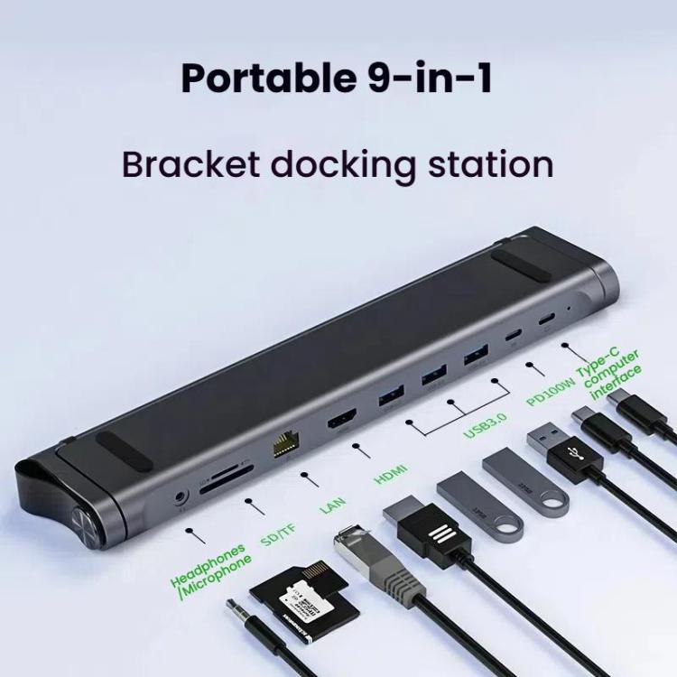 9 In 1 Hub Computer Stand Aluminum Alloy Folding PD Fast Charging With LAN Docking Station Laptop Bracket, 9 In 1 (Dark Metallic Color)