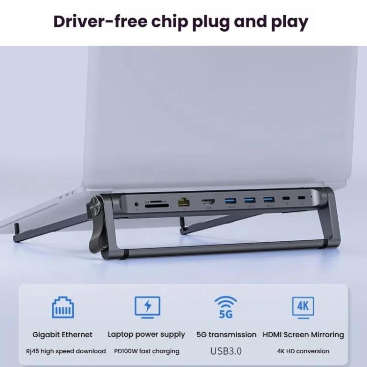9 In 1 Hub Computer Stand Aluminum Alloy Folding PD Fast Charging With LAN Docking Station Laptop Bracket, 9 In 1 (Dark Metallic Color)