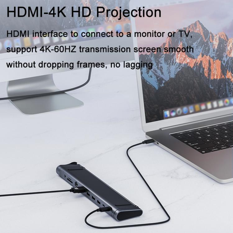 9 In 1 Hub Computer Stand Aluminum Alloy Folding PD Fast Charging With LAN Docking Station Laptop Bracket, 9 In 1 (Dark Metallic Color)