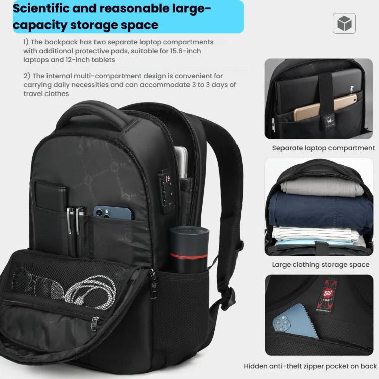 Men Business Anti-Theft Laptop Backpack With USB Charging Port, Reflective Strips & TSA Lock, Tigernu Standard, Tigernu Expandable