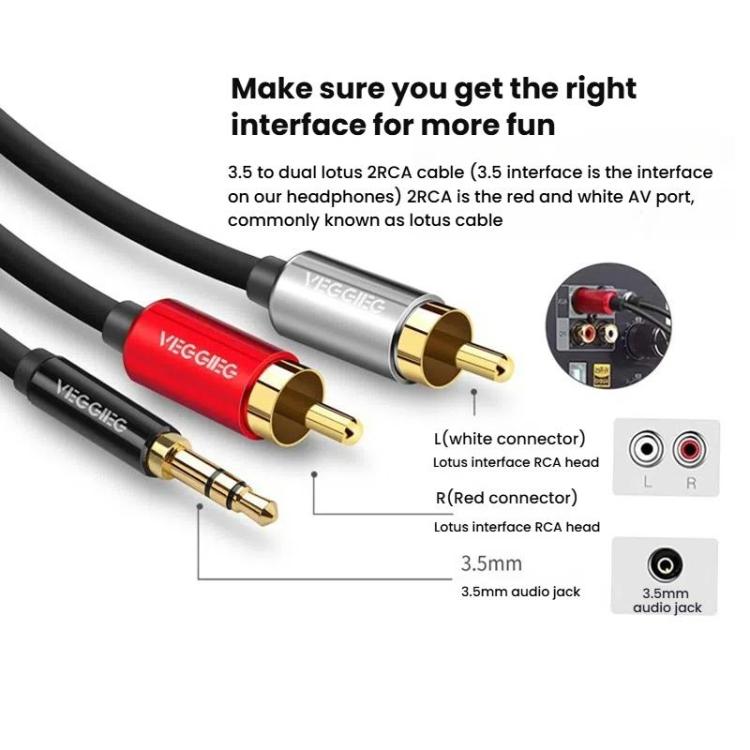 VEGGIEG 3.5mm 3.5 To 2RCA Audio Cable Cell Phone Computer Speaker Connection Cable, 1m, 1.5m, 2m, 3m, 5m, 8m, 10m, 15m, 20m