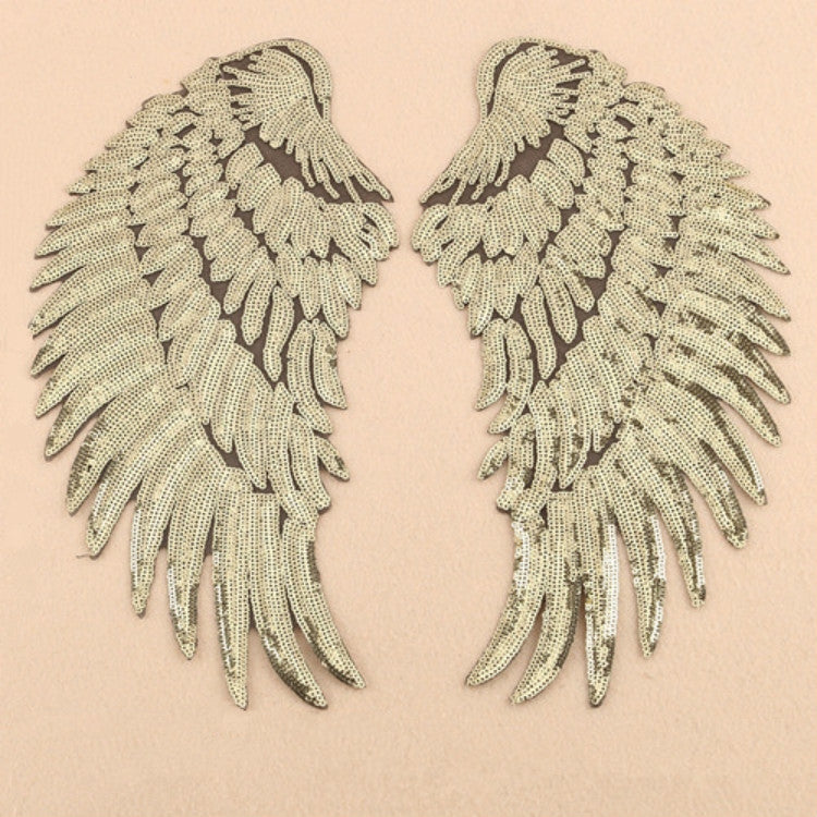 A Pair Sequin Feather Wing Shape Clothing Patch Sticker DIY Clothing Accessories, Small 20.5 x 10cm Gold, Middle 26.5 x 26cm Gold, Large 33.5 x 32cm Gold, Small 20.5 x 10cm Silver, Middle 26.5 x 26cm Silver, Large 33.5 x 32cm Silver