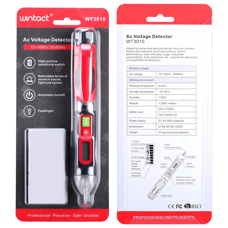 WINTACT WT3010 LED Tester di tensione CA Rilevatore senza contatto Pen 12-1000 V Rilevatore di tensione CA, WINTACT WT3010