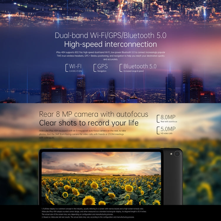 Android 10 UNISOC Tiger T618 Octa Core 2.0GHz, supporto GPS e Bluetooth e WiFi Dual Band e Dual SIM, iPlay 40H 8GB+128GB