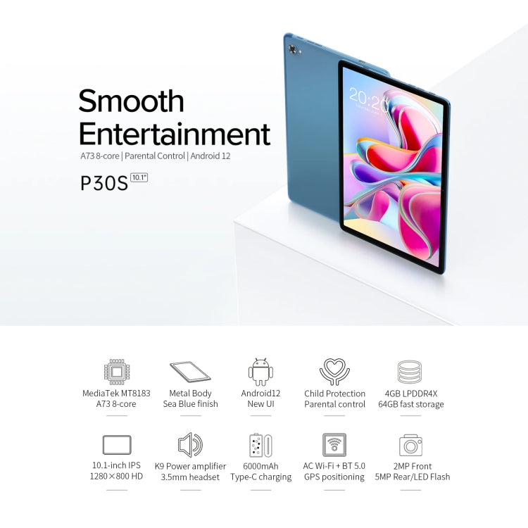 Android 12 MT8183 Octa Core, supporto Dual Band WiFi, Bluetooth e GPS, P30S 4GB+64GB