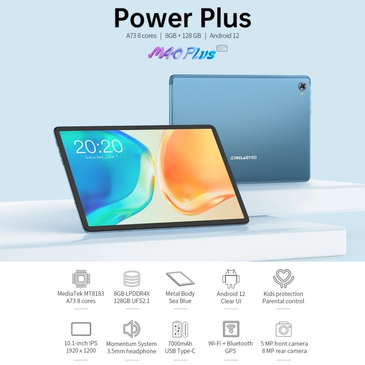 Android 12 MT8183 Octa Core, supporto Dual Band WiFi, Bluetooth e GPS, M40 Plus 8GB+128GB