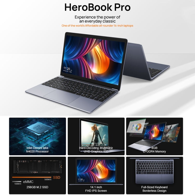Windows 10, Intel Gemini Lake N4020 Dual Core Dual Thread 1,1 GHz~2,6 GHz, supporto Wi-Fi / Bluetooth / Estensione scheda TF / Mini HDMI, HeroBook Pro(N4020) 8GB+256GB