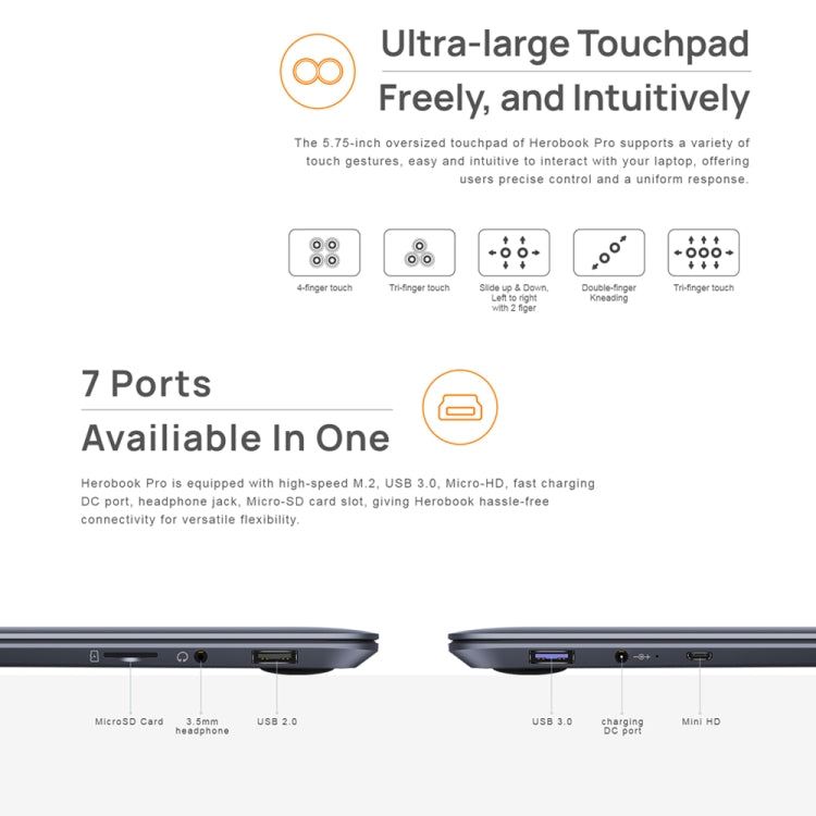 Windows 10, Intel Gemini Lake N4020 Dual Core Dual Thread 1,1 GHz~2,6 GHz, supporto Wi-Fi / Bluetooth / Estensione scheda TF / Mini HDMI, HeroBook Pro(N4020) 8GB+256GB
