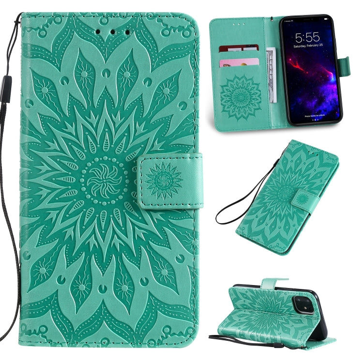 Per iPhone 11 Custodia in pelle PU a vibrazione orizzontale con motivo a girasole con stampa pressata, con supporto e slot per schede e portafoglio e cordino, For iPhone 11