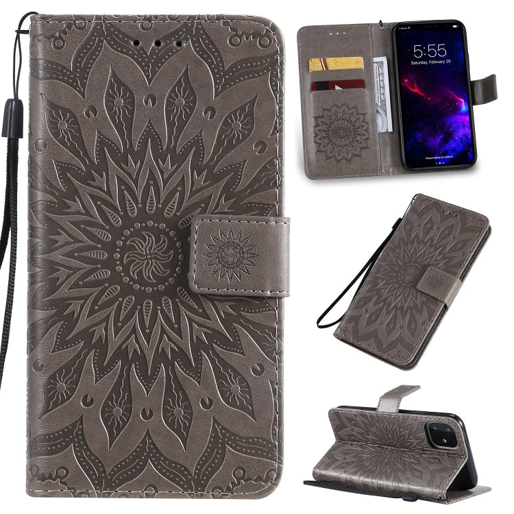 Per iPhone 11 Custodia in pelle PU a vibrazione orizzontale con motivo a girasole con stampa pressata, con supporto e slot per schede e portafoglio e cordino, For iPhone 11