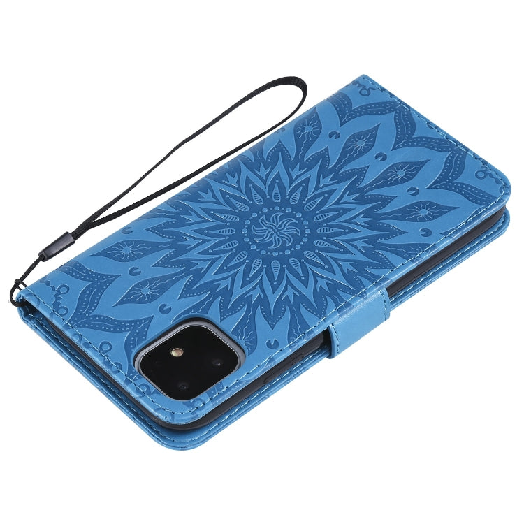 Per iPhone 11 Custodia in pelle PU a vibrazione orizzontale con motivo a girasole con stampa pressata, con supporto e slot per schede e portafoglio e cordino, For iPhone 11
