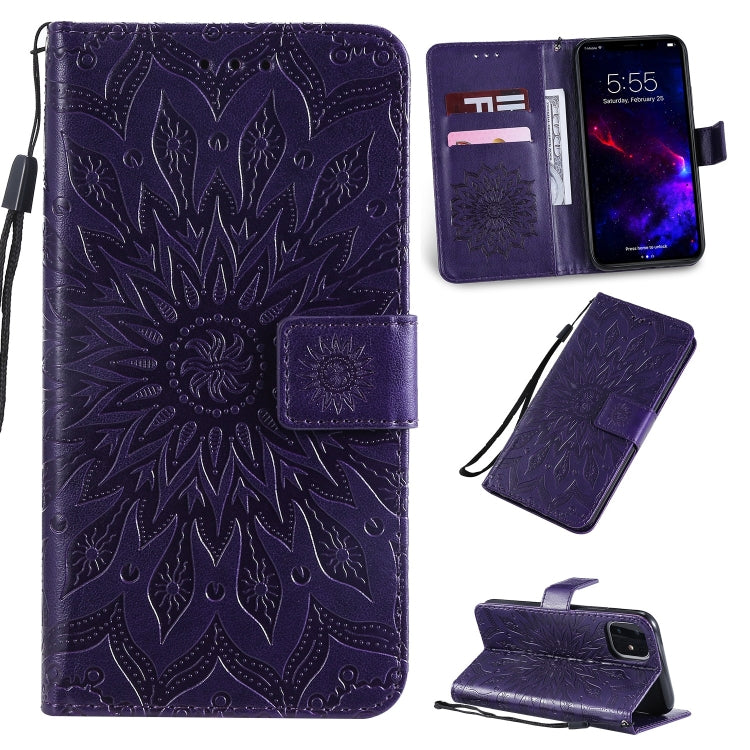 Per iPhone 11 Custodia in pelle PU a vibrazione orizzontale con motivo a girasole con stampa pressata, con supporto e slot per schede e portafoglio e cordino, For iPhone 11
