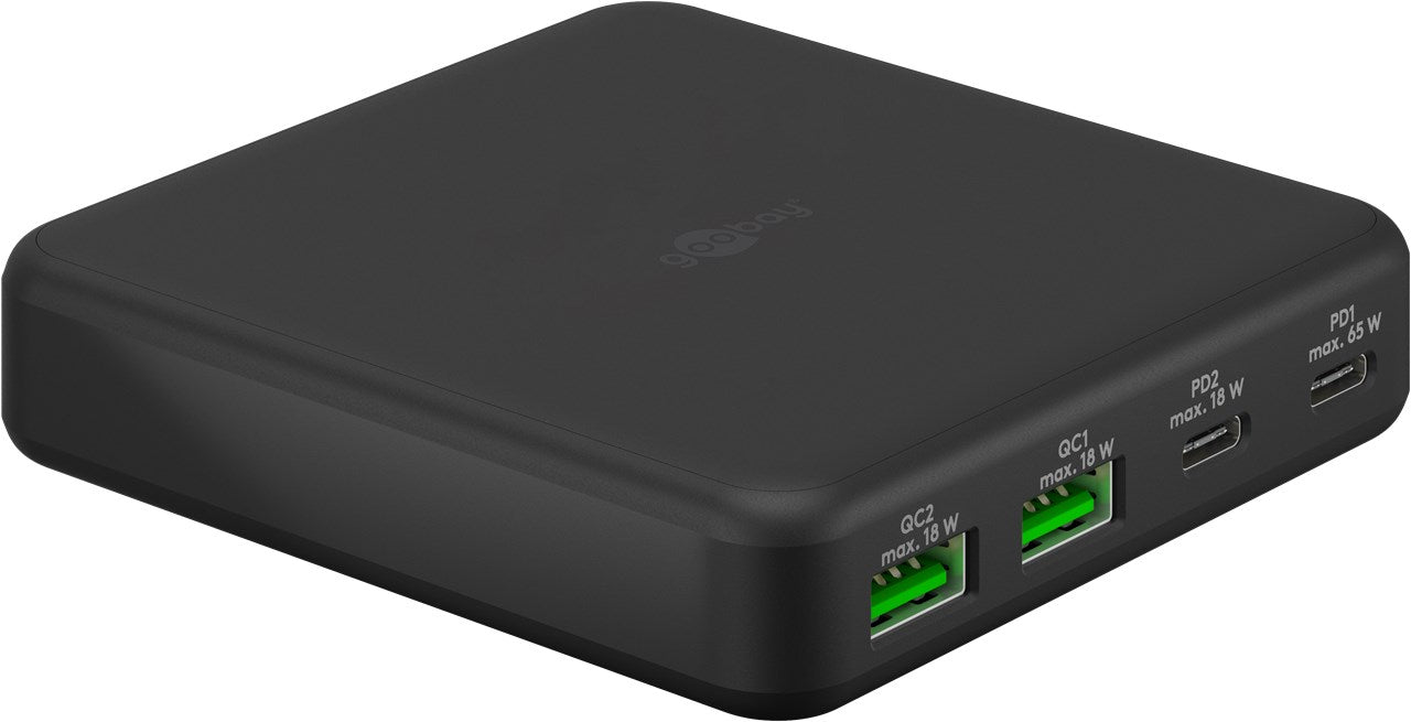 Caricatore da tavolo multiport USB-C PD GaN 65 W nero 2x porte USB-C Power Delivery e 2x porte USB-A Quick Charge 3.0