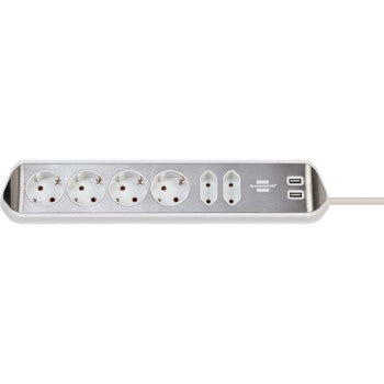 Estilo 6-way corner socket strip with high-quality stainless steel surface for kitchen and office (desk socket with 4x protective contact sockets, 2x Euro sockets, incl. USB charging function) silver / white TYPE F