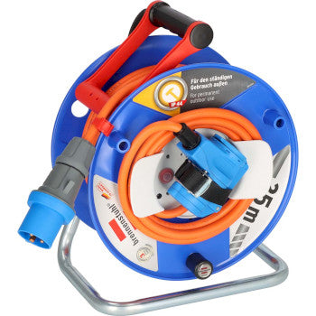 CEE cable reel with 23+2m RN cable in orange (camping cable reel with CEE corner coupling incl. socket + CEE plug, for outdoor use)