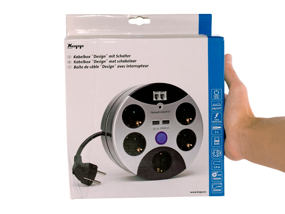 Multipresa con protezione da sovratensioni, 5 schuko, 2 USB, 2RJ45 - Kopp