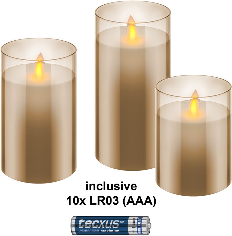 Set di 3 candele a LED in vera cera in vetro oro-trasparente incl. 10x AAA LR03