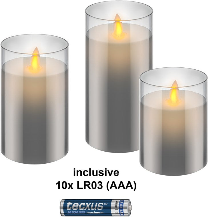 Set di 3 candele a LED in vera cera in vetro grigio-trasparente incl. 10x AAA LR03