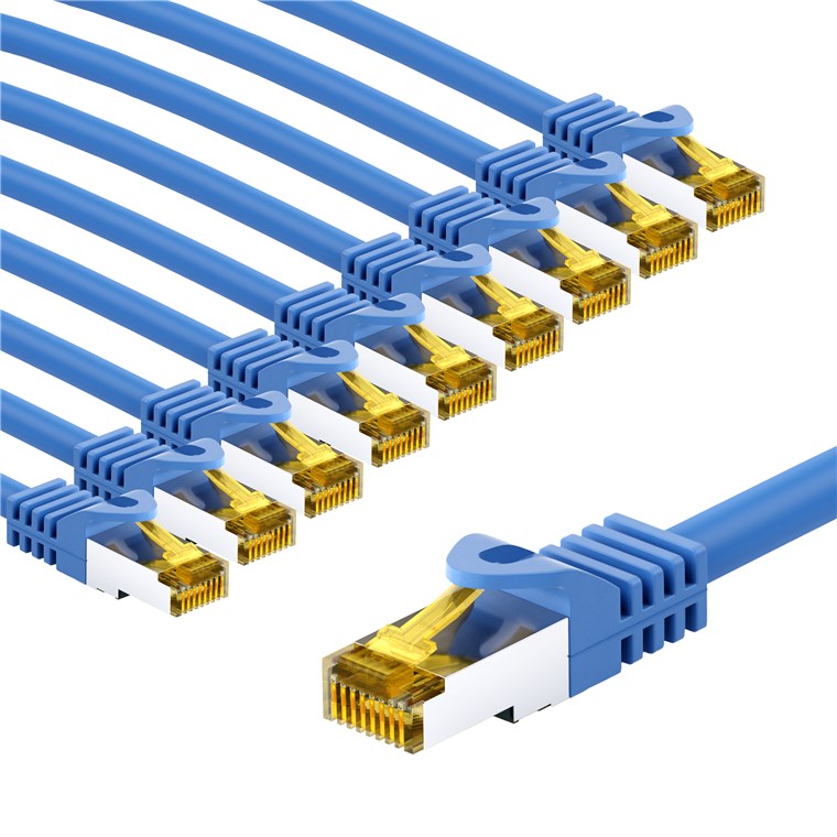 RJ45 cavo patch CAT 6A S/FTP PiMF 500 MHz con cavo grezzo CAT 7 1 m blu kit di 10