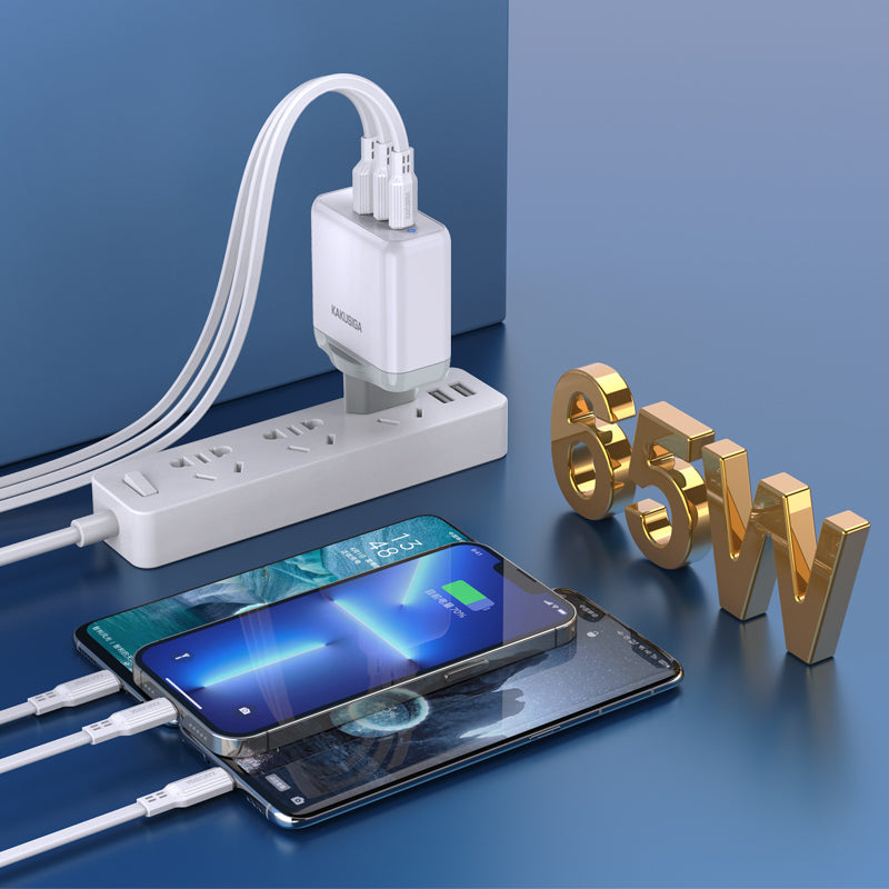 Caricatore rapido PD 65W 3 porte 2 USB-C + 1 USB-A bianco con cavo Type-C - Type-C 1m6921042131085 KSC-933 F4620