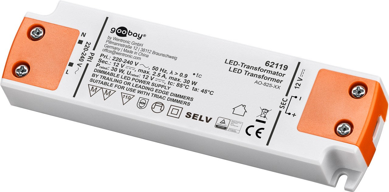 Trasformatore LED 12 V DC/30 W dimmerabile per LED fino a 30 W di carico totale e tensione diretta di 12 V DC