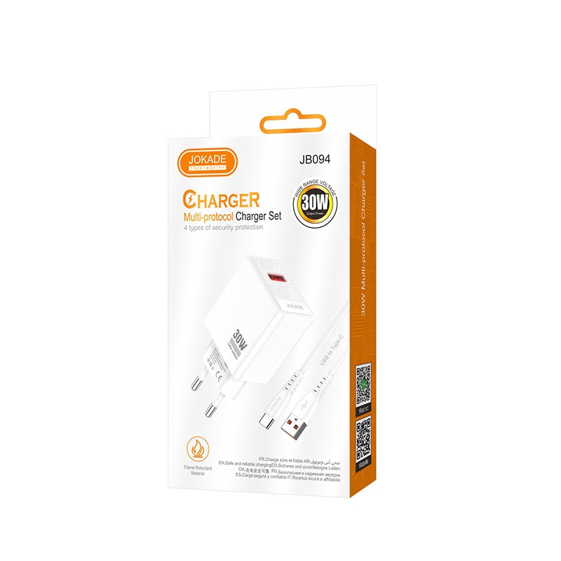 Caricabatterie ricarica rapida USB-A 30W con cavo USB-A - USB-C 1m bianco JB094 6921042144610 F4780