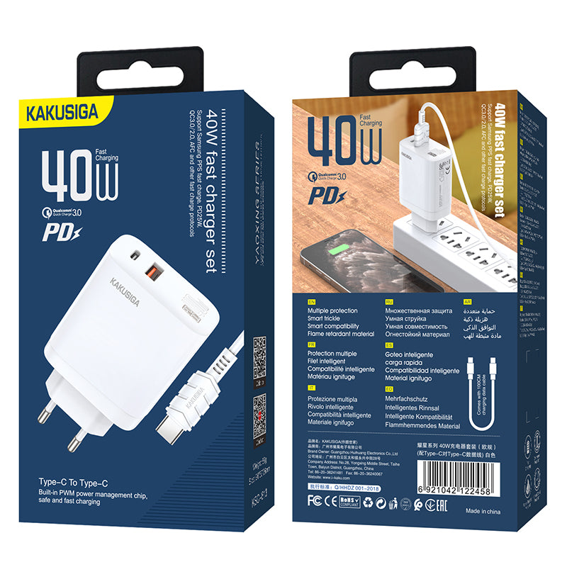 Caricatore rapido 40W USB-C + USB-A bianco con cavo Type-C - Type-C 1m 6921042122458 KSC-813 F4625