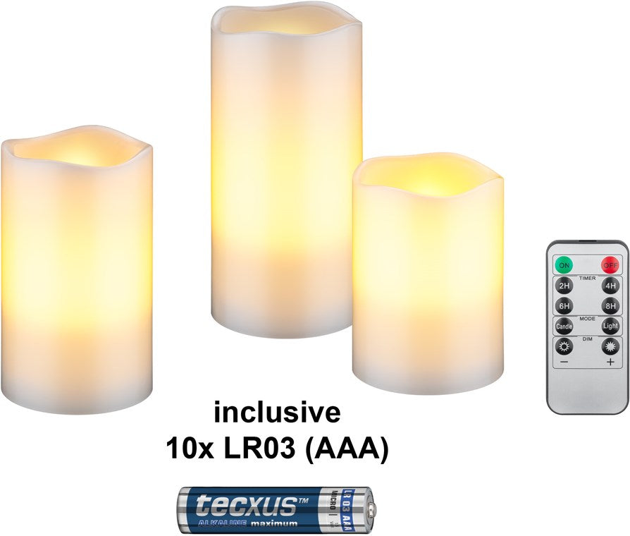 Set di 3 candele a LED in vera cera bianco incl. 10x AAA LR03 con funzione timer e telecomando dimmerabile a batteria bianco caldo 2700 K