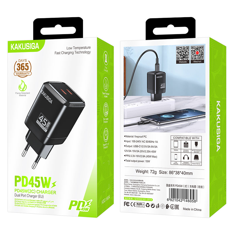 Caricatore USB-C PD 45W doppia porta EU ricarica rapida 6921042146058 KSC-1604 F4005
