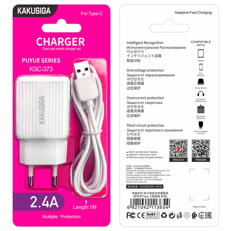 Caricabatterie USB doppia porta 2.4A bianco con cavo Type-C 1m KSC-373 6921042113654 F4635