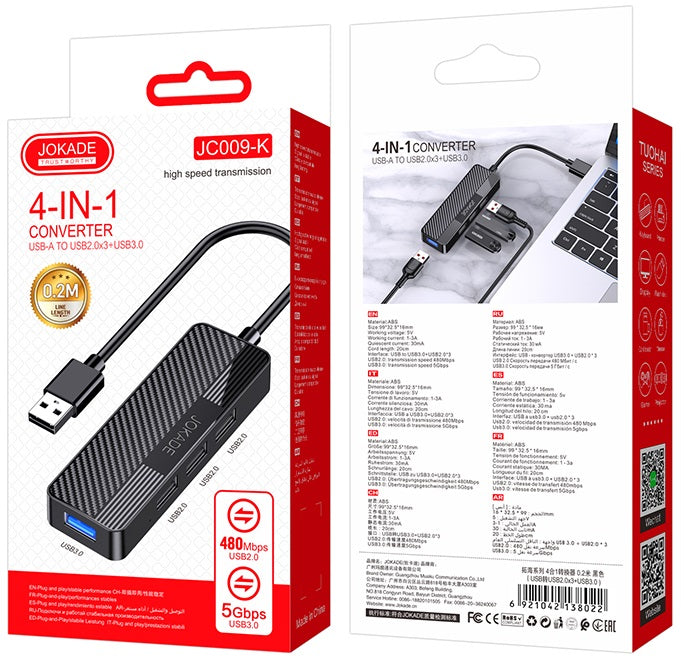Adattatore hub USB 4 in 1 1xUSB 3.0 e 3xUSB 2.0 nero  JC009-K 6921042138022 F4820