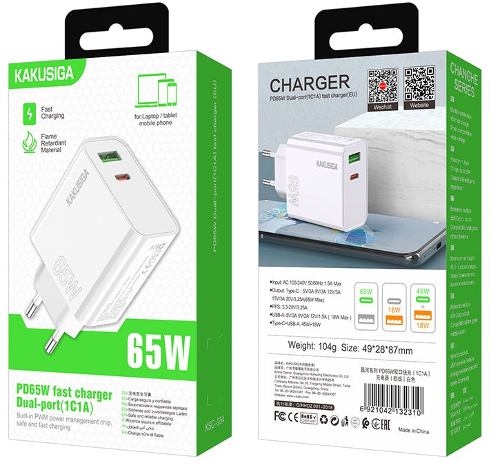 Alimentatore caricabatterie doppia porta USB/type C 3.25A 65W N050