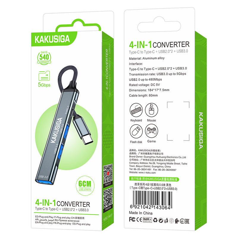 Hub Type-C 4 porte Type-c/USB2.0/USB3.0 nero KSC-1417