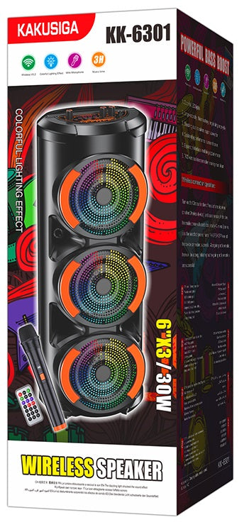 Cassa acustica ricaricabile con telecomando e microfono wireless 3x6" 30W KK-6301 6921042142692