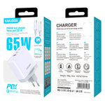 Caricatore rapido PD 65W 3 porte 2 USB-C + 1 USB-A bianco con cavo Type-C - Type-C 1m6921042131085 KSC-933 F4620