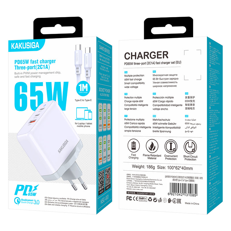 Caricatore rapido PD 65W 3 porte 2 USB-C + 1 USB-A bianco con cavo Type-C - Type-C 1m6921042131085 KSC-933 F4620