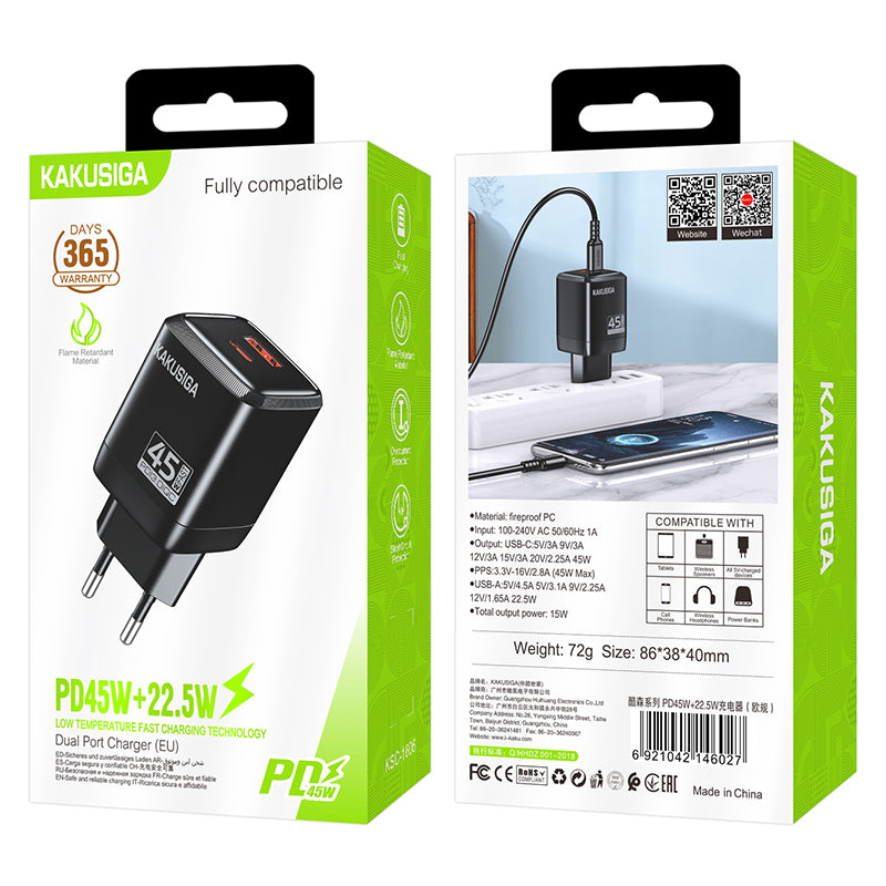 Caricatore USB-C + USB-A 45W + 22,5W nero ricarica rapida EU KSC-1606 F4710 6921042146027