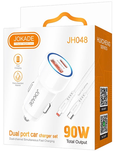 Alimentatore caricabatterie da auto USB/Type-c con cavo Lightning 90W 20V/3A bianco JH048