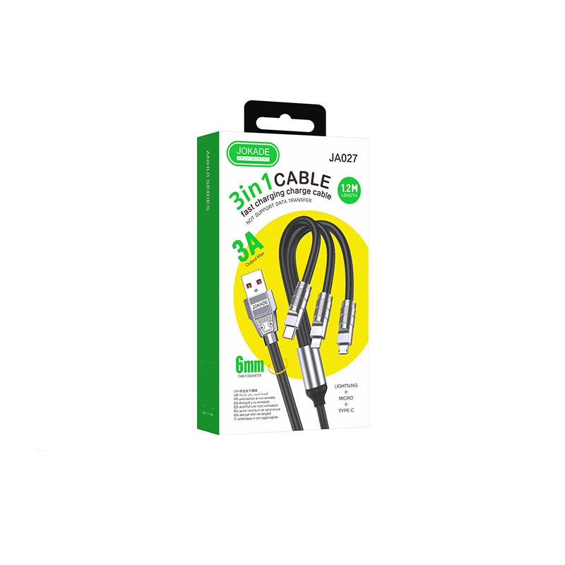 Cavo per alimentazione e sincronizzazione Ricarica Rapida 3 in 1 USB a Lightning, Type-C e Micro USB Nero 1,2 m 3A JA027 6921042131757 F4725