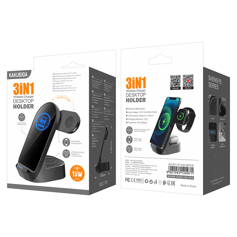 Stazione di Ricarica Wireless 3 in 1 con Supporto da Scrivania 15W 6921042124971 KSC-778 F4690