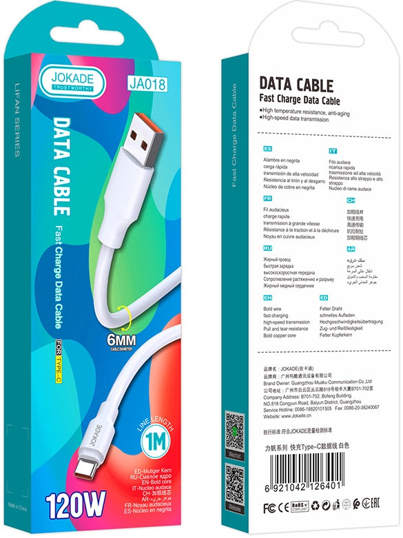 Cavo per ricarica e sincronizzazione bianco 1m 6A 120W USB Type C N035