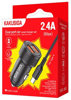 Caricabatterie da auto ricarica rapida 2xUSB 5V 2.4A con cavo type C KSC-860
